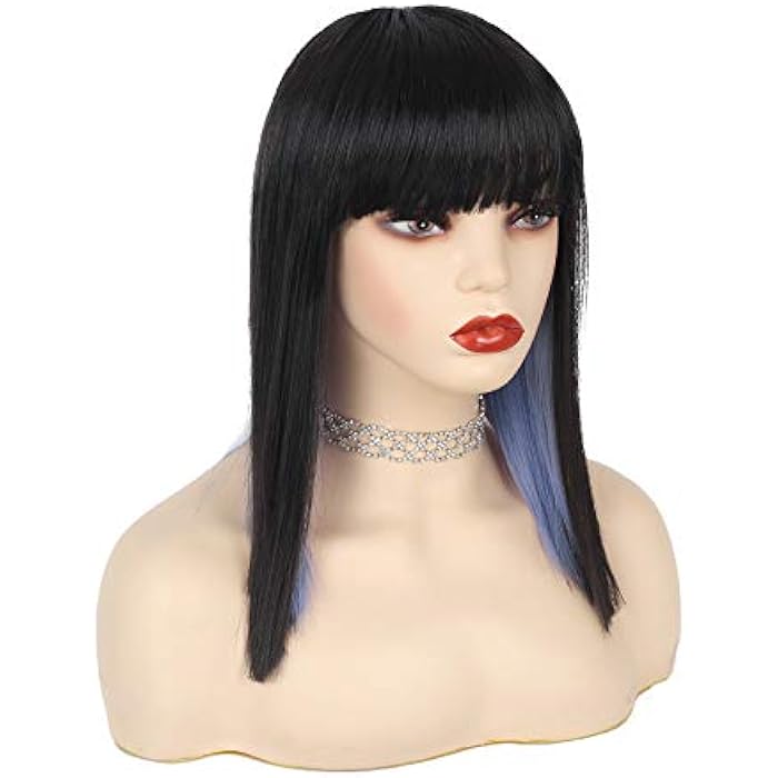 DILLARDS Swiking Black Mix Blue Bob Short Straight Wig With Bangs For Women Natural Flat Bangs Synthetic Fiber Hair Heat Resistant For Daily Cosplay Party Wear - Image 1